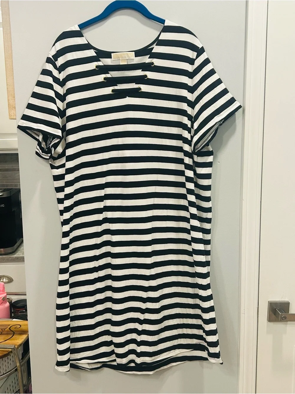 Michael Kors Black and White Striped Lace-Up T-shirt Dress 2X